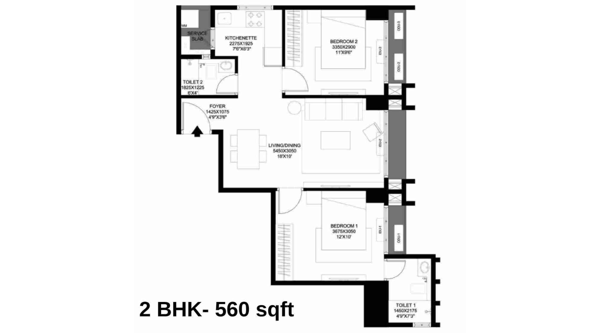Prescon-Midtown-Bay-Floor-Plan-2-BHK-560-sqft