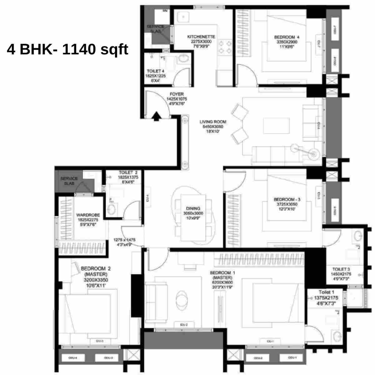 Prescon-Midtown-Bay-Floor-Plan-4-BHK-1140-sqft-2-BHK-Combined